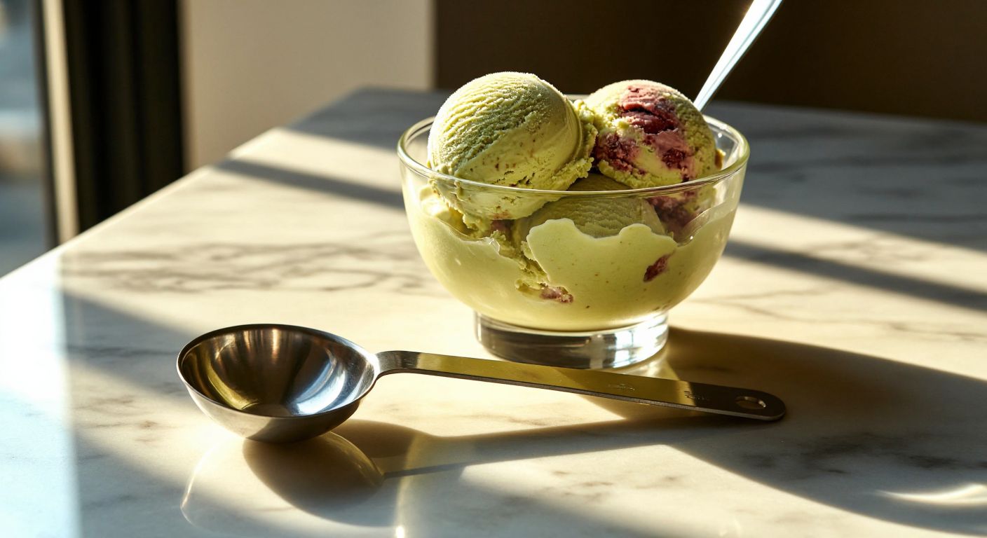 A stainless steel ice cream scoop with a 30mm wide, curved blade rests on a marble countertop beside a colorful scoop of pistachio ice cream in a traditional Turkish glass bowl, with a warm golden light casting soft shadows.