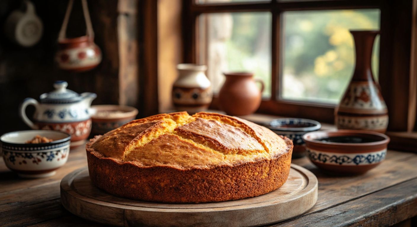 A rustic wooden table in a cozy Black Sea kitchen holds a golden-brown cornbread loaf, freshly baked with a slightly cracked crust, surrounded by traditional Turkish ceramic dishes and a warm, inviting glow from a nearby window.