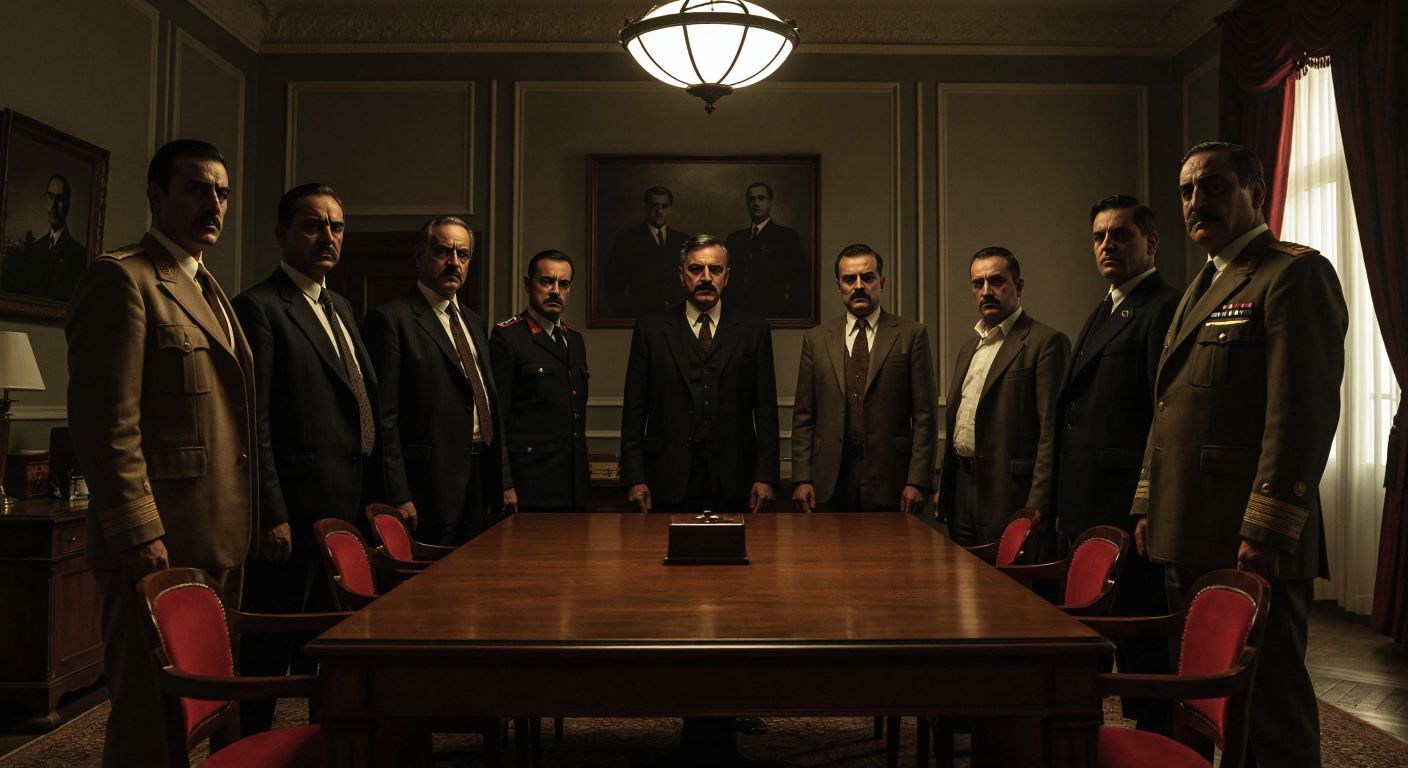 A tense group of stern-faced diplomats from Turkey, Greece, Romania, and Yugoslavia stand united around a wooden table in a dimly lit 1930s-era room, with shadowy figures of a Nazi officer and an Italian soldier looming ominously in the background.