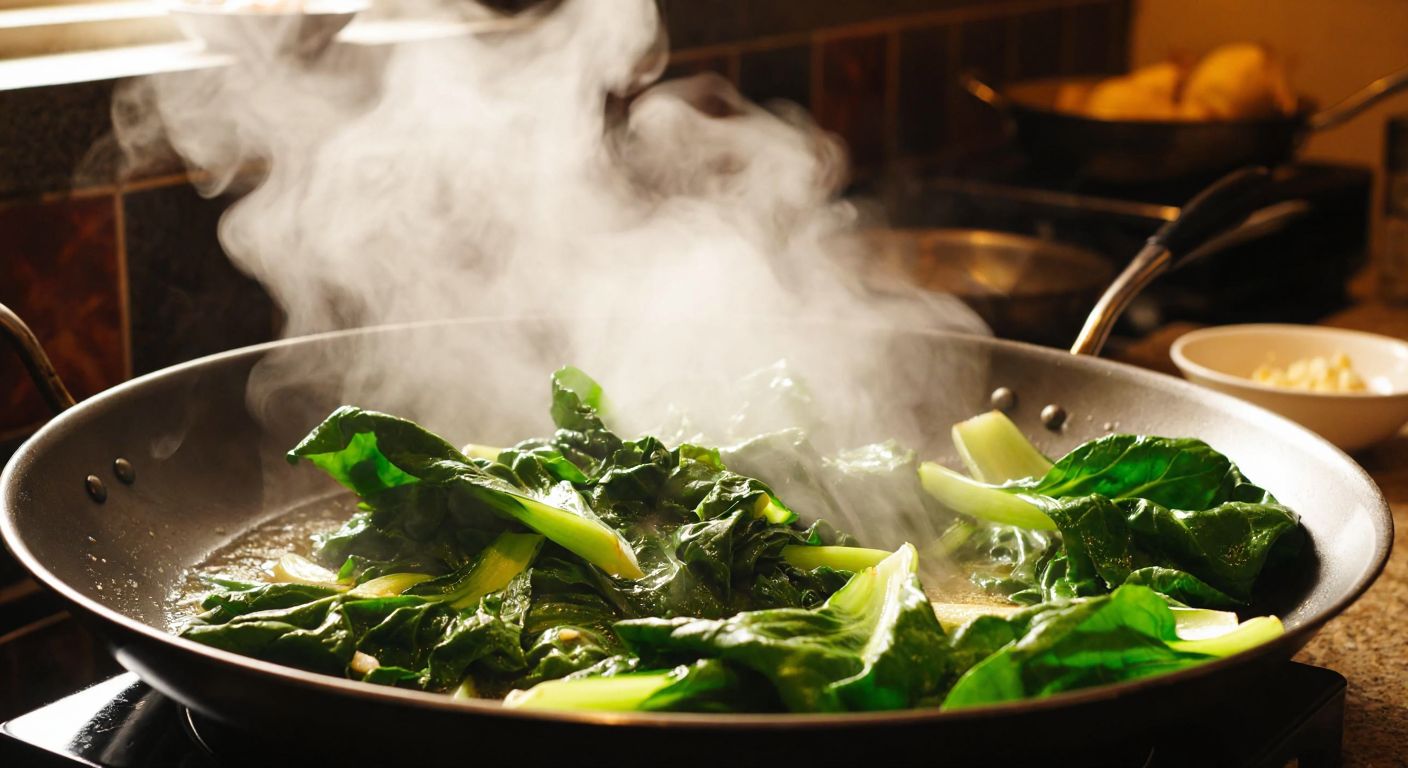 A steaming wok sizzles with vibrant green tatsoi leaves stir-fried in sesame oil, alongside minced garlic and ginger, in a cozy Turkish kitchen with warm lighting.