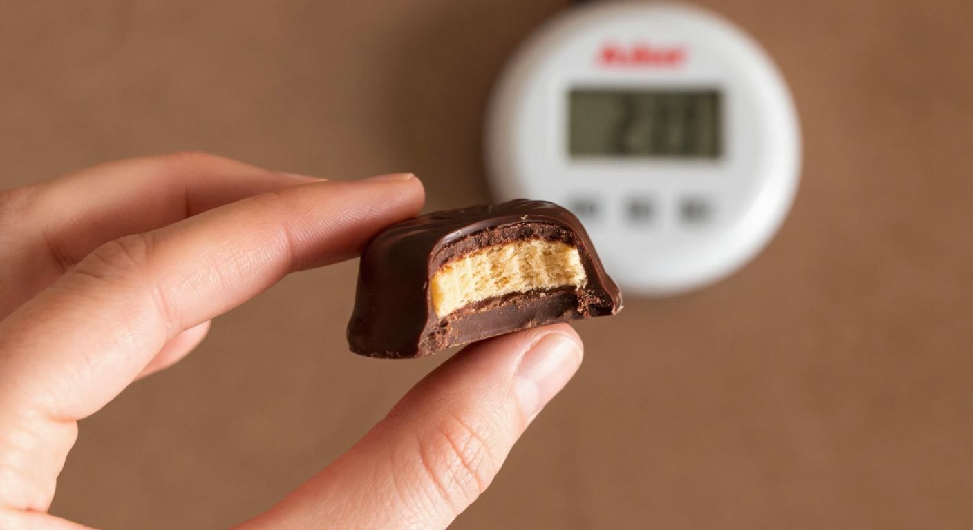 A close-up of a hand holding a single piece of Ülker Albeni Tane Tane chocolate, with a small digital kitchen scale in the background showing a weight of 29 grams, set against a warm, neutral-toned Turkish kitchen countertop.
