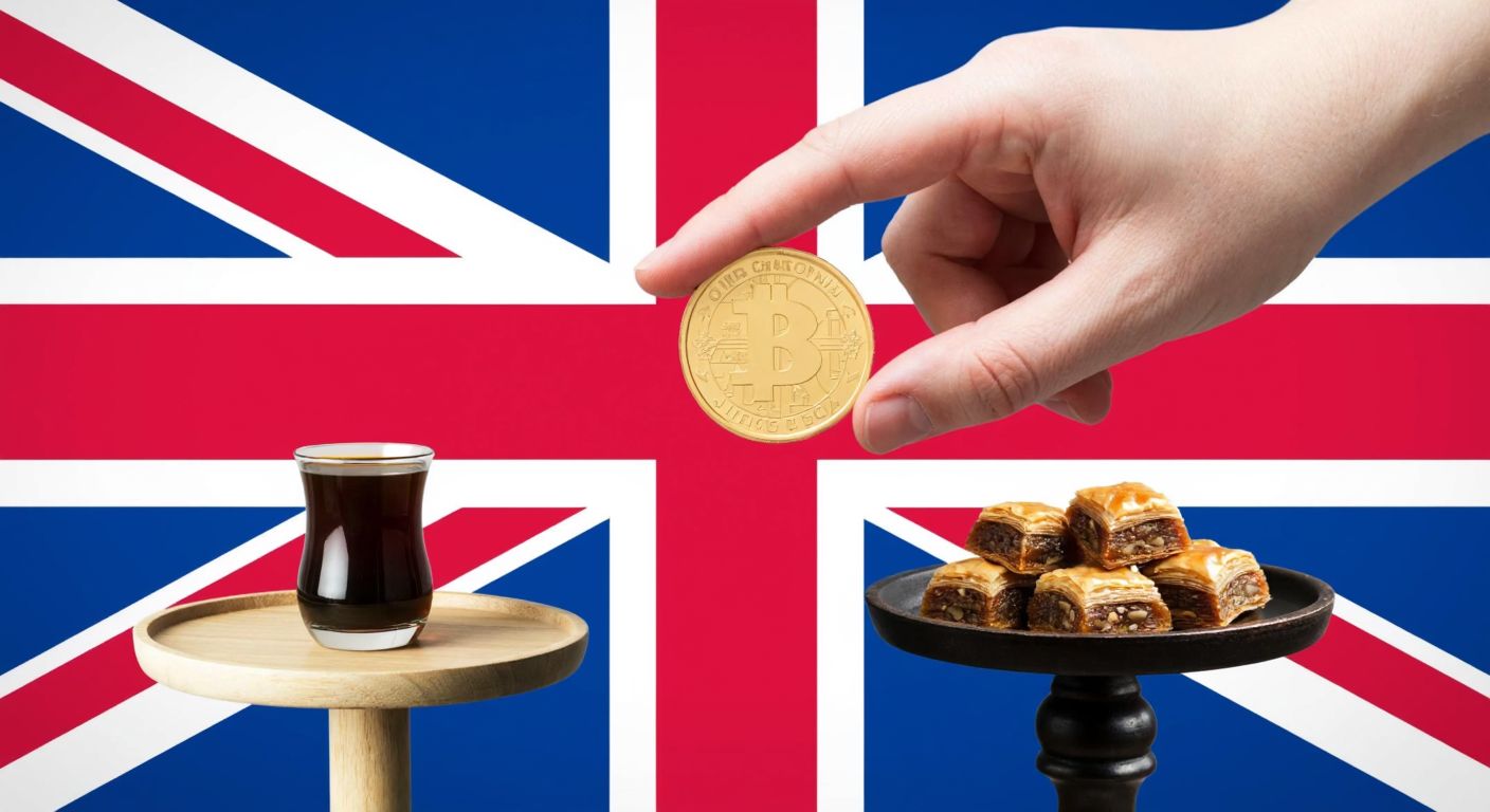 A hand holding a golden British pound coin (£) against a backdrop of the British flag, with a Turkish coffee cup and baklava on a small table nearby.