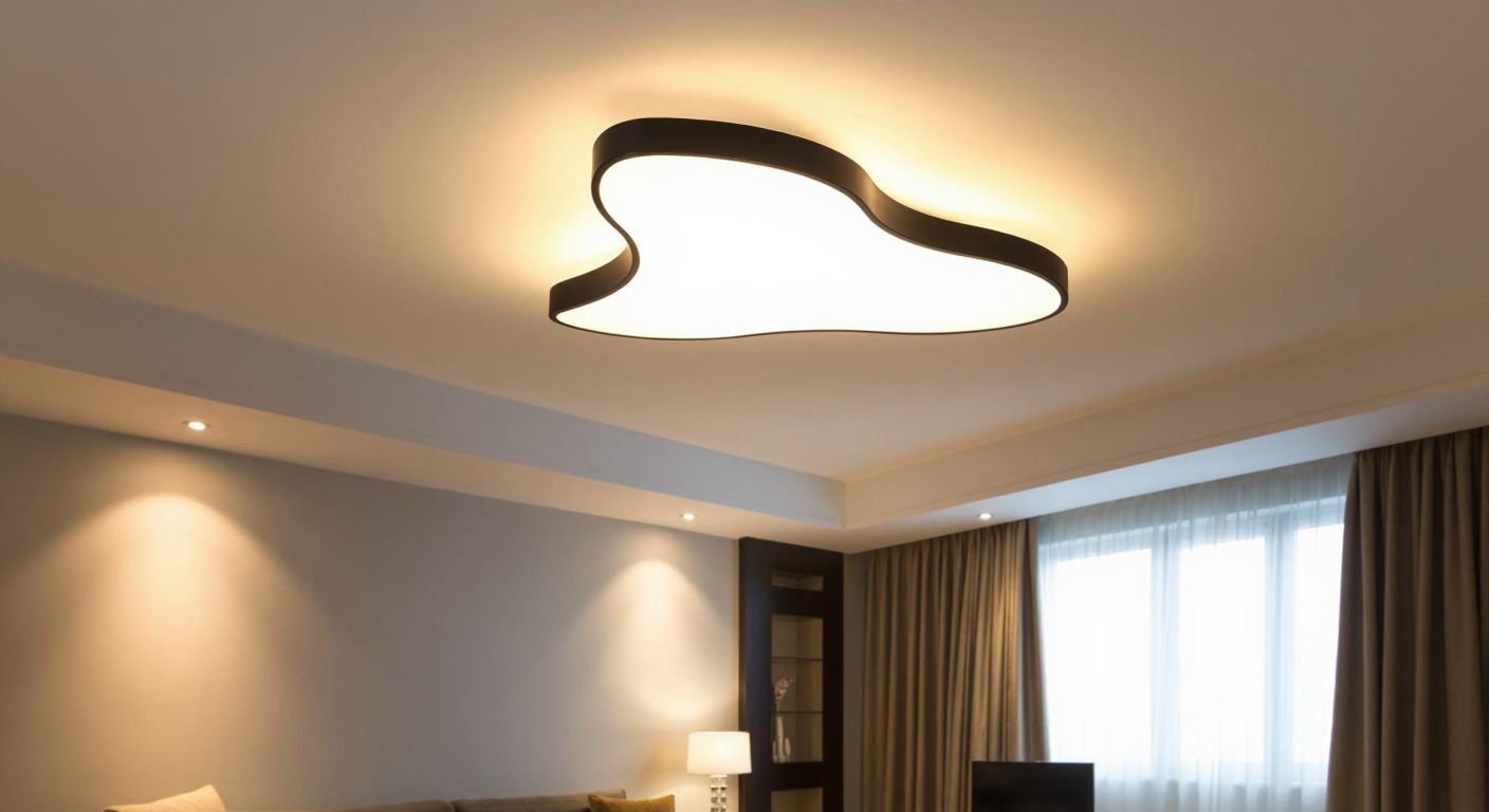 A sleek, modern ceiling-mounted plafond light fixture with a curved design illuminates a cozy Turkish living room with warm, diffused light, blending seamlessly into the low ceiling.