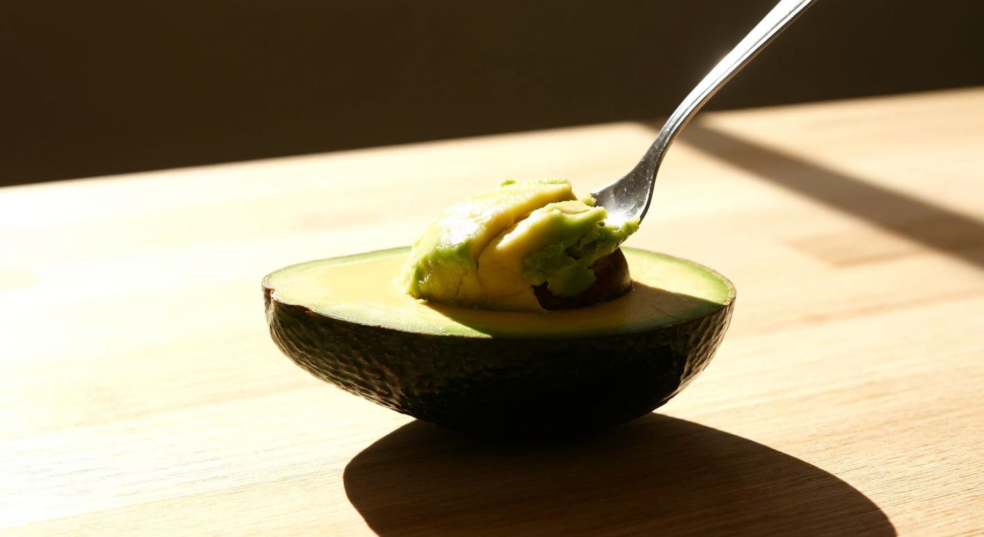 A ripe, halved avocado with creamy green flesh resting on a wooden table, a spoon scooping out a bite, with warm sunlight filtering through a nearby window.