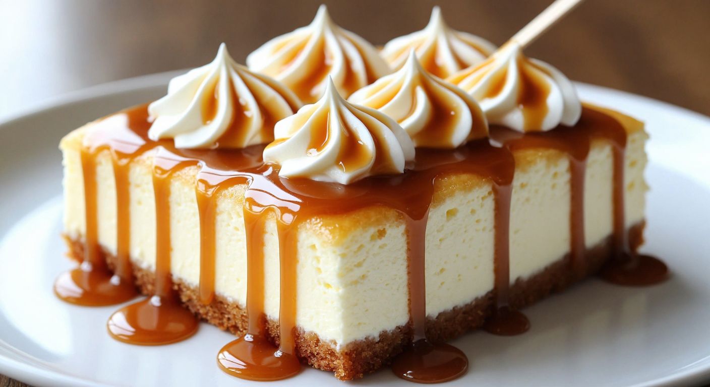 A golden-brown slice of trileçe cake topped with swirls of whipped cream and glossy caramel drizzle, with a slender wooden skewer delicately etching decorative patterns into the creamy surface.