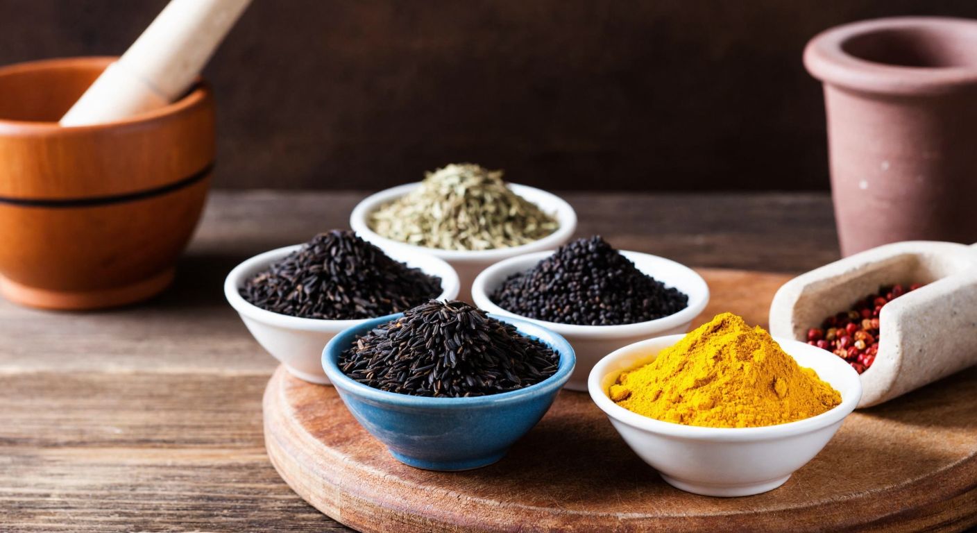 A rustic wooden table in a Turkish kitchen holds small bowls filled with black cumin seeds, cumin, turmeric, thyme, and other spices, with a mortar and pestle nearby, evoking warmth and culinary tradition.