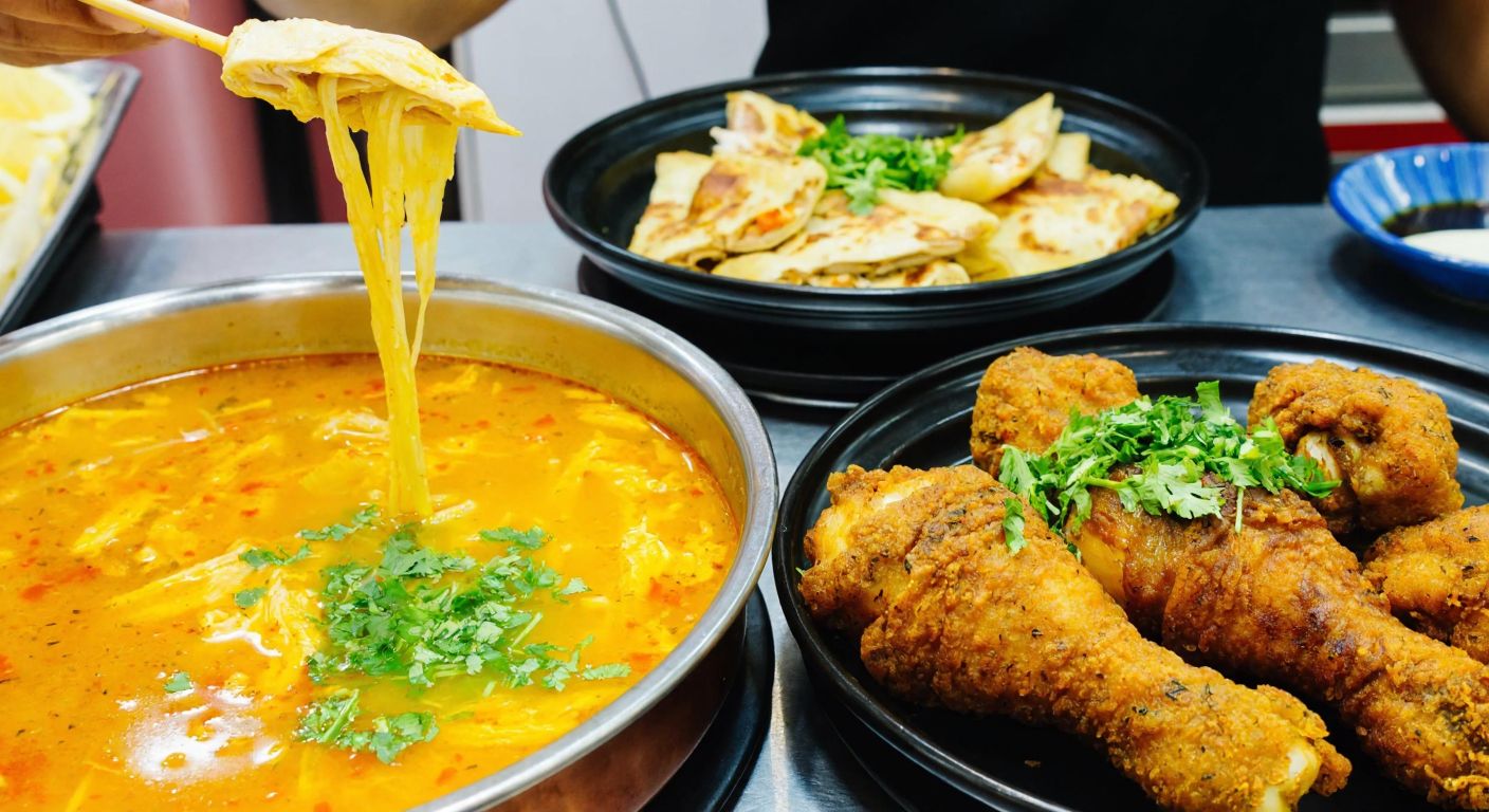 A vibrant Turkish eatery display with a steaming bowl of golden chicken soup, juicy slices of döner on a skewer, and crispy fried chicken pieces, all garnished with fresh herbs, evoking warmth and savory delight.