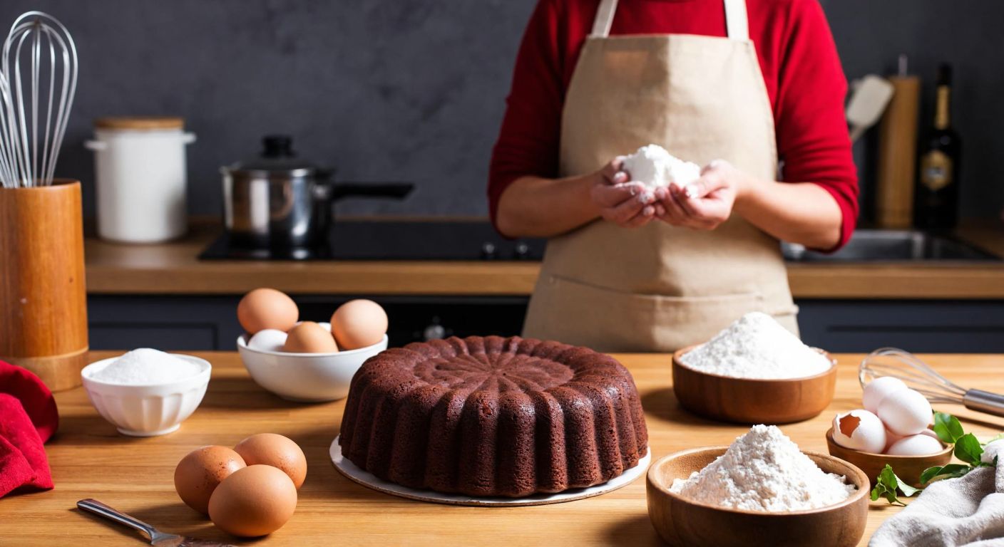A warm Turkish kitchen with a wooden table displaying a freshly baked chocolate cake, surrounded by bowls of flour, eggs, and sugar, with a smiling woman in an apron holding a whisk.