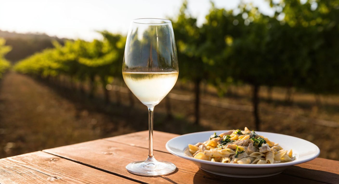 A slender, clear wine glass filled with chilled Suvla Grand Reserve white wine rests on a rustic wooden table beside a plate of creamy chicken pasta, with golden sunlight streaming through a vineyard in the background.