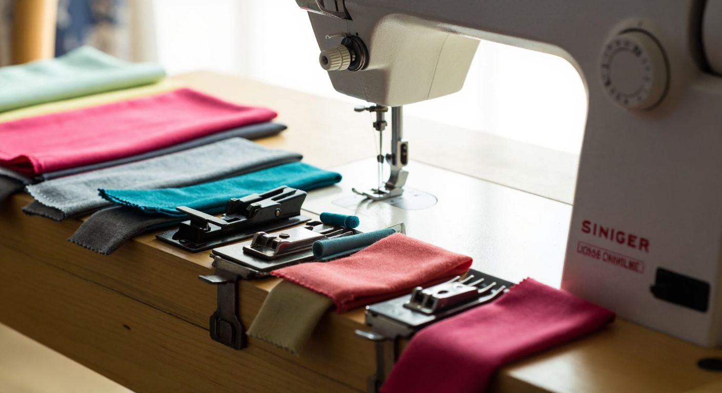 A close-up of a Singer sewing machine with various colorful fabric swatches and interchangeable presser feet neatly arranged on a wooden table in a sunlit Turkish home.