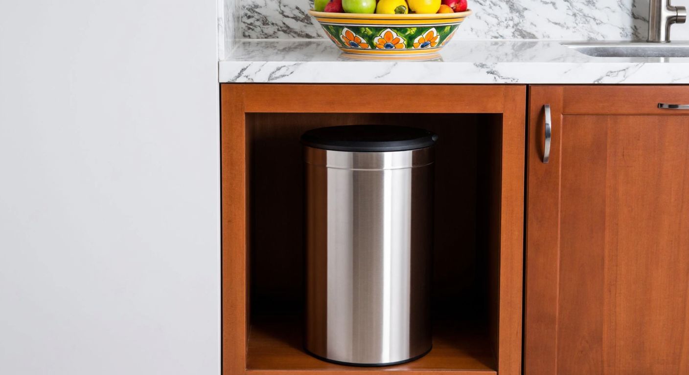 A sleek, modern Turkish kitchen with a stainless steel 11-liter trash bin tucked neatly under a marble countertop, next to a colorful ceramic fruit bowl.