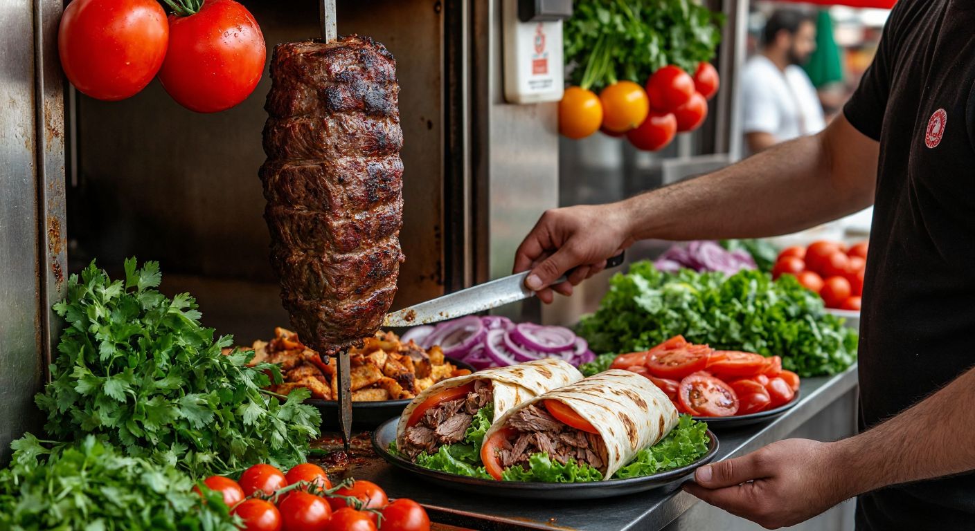 A Turkish street vendor slices juicy döner meat from a vertical rotisserie, while a health-conscious customer hesitates between a plate of döner with salad and a lavash wrap, surrounded by fresh vegetables and herbs.