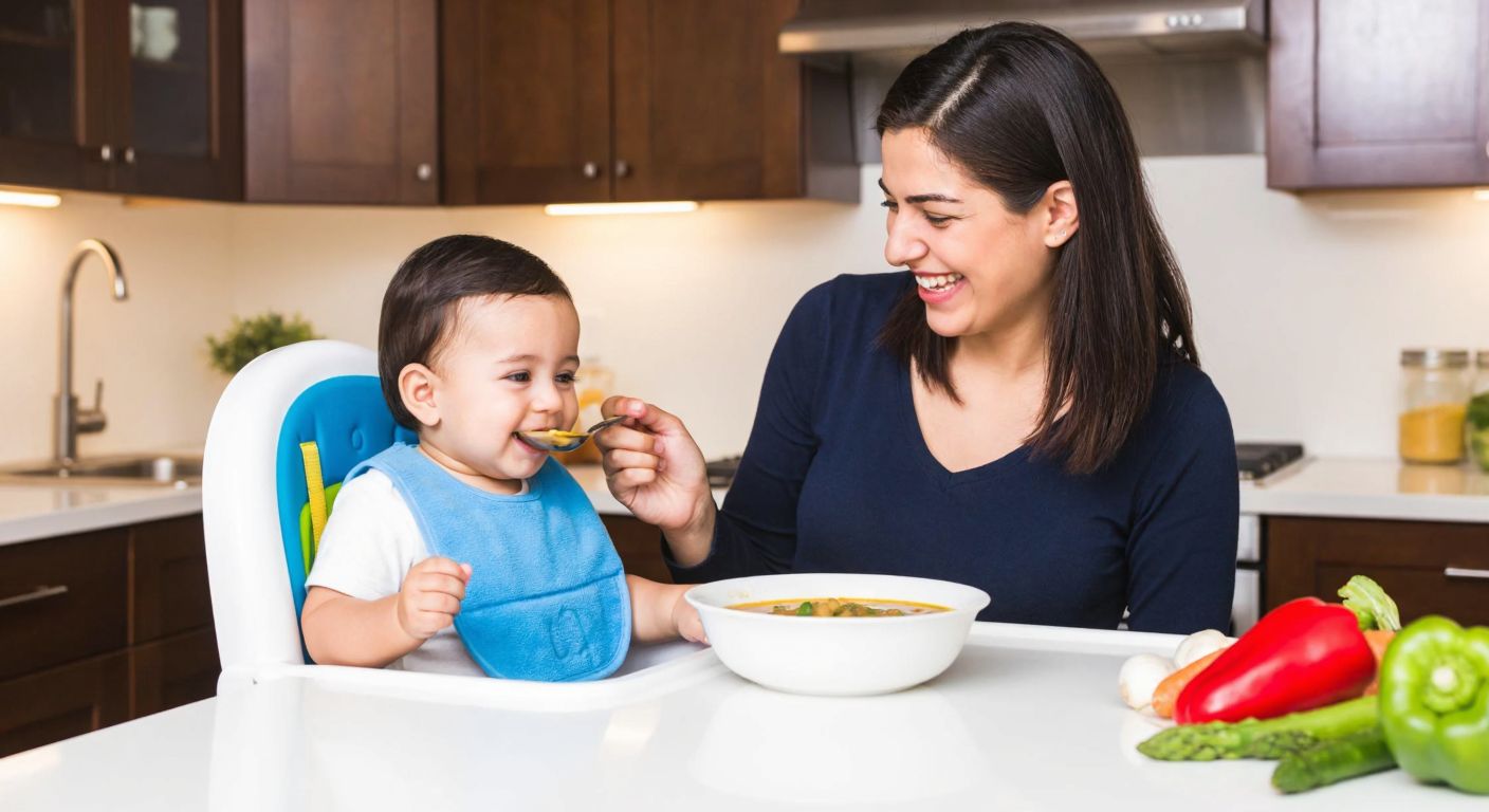 A smiling Turkish mother in a cozy kitchen gently spoon-feeding a happy baby in a high chair, with a bowl of warm Evolvia baby food and fresh vegetables on the counter.