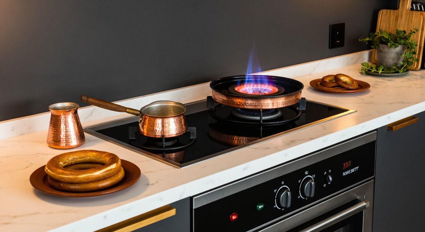 A modern Turkish kitchen with a single-burner stove, one side glowing red (electric) and the other with a blue gas flame, set on a marble countertop beside a copper cezve and fresh simit.