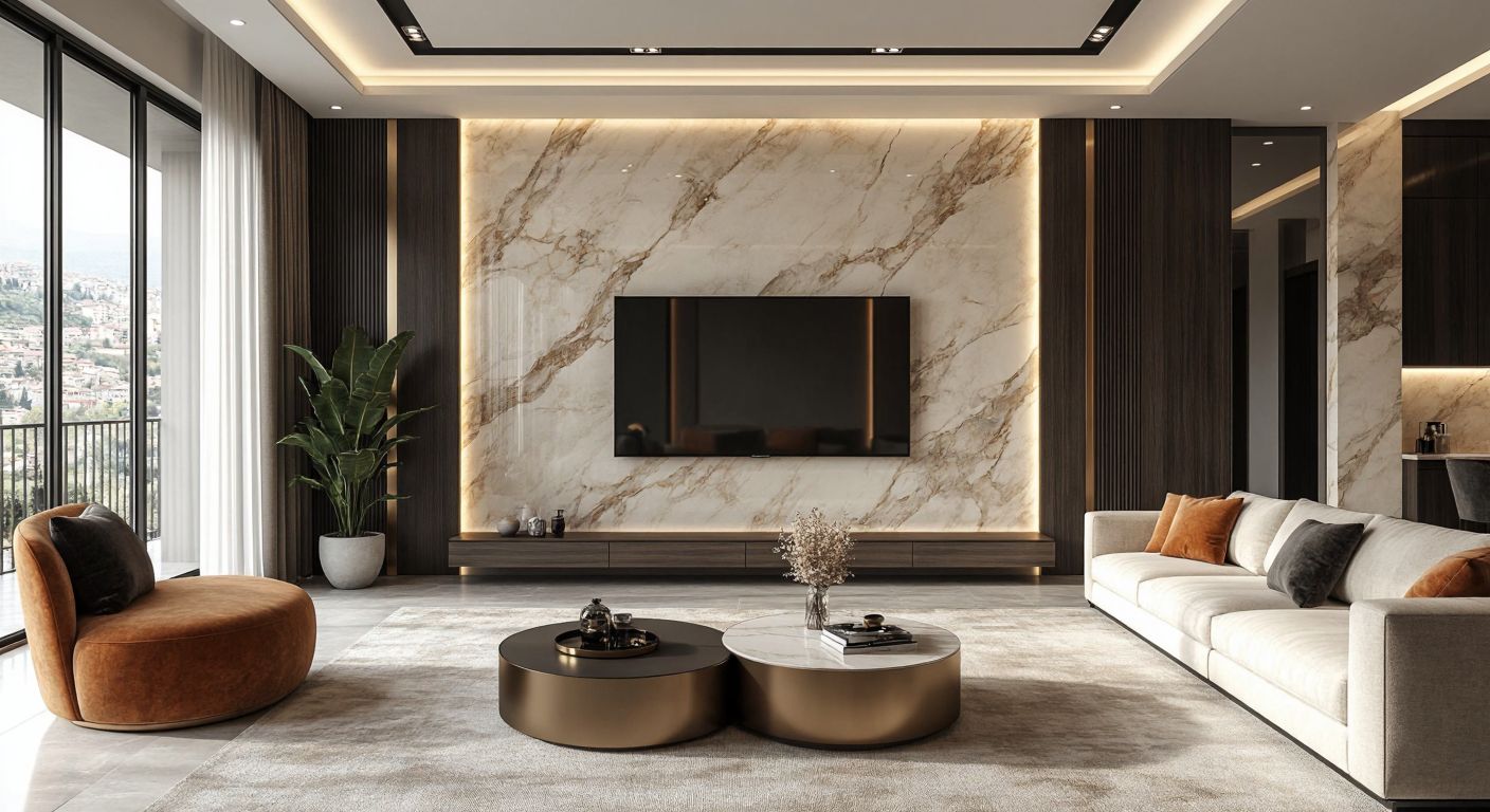 A sleek, modern Turkish living room with a textured 3D marble-patterned wallpaper covering one wall, reflecting soft light and adding depth to the space.