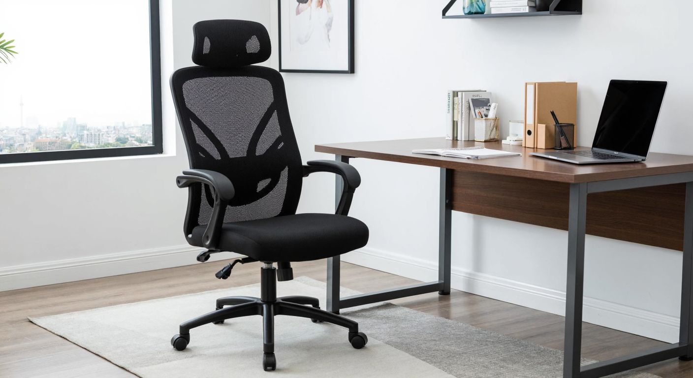 A modern ergonomic office chair with an adjustable high backrest, lumbar support, and breathable mesh fabric, placed in a well-lit Turkish home office with a neatly organized wooden desk.