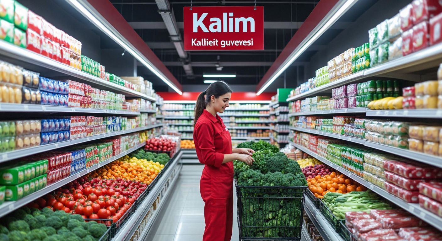 A well-lit BİM supermarket aisle in Turkey, filled with neatly stacked colorful products, while a smiling employee in a red uniform carefully inspects fresh produce under a "Kalite Güvencesi" sign (implied but not shown as text).  

*(Note: The description avoids explicit text representation by implying the sign's purpose through context and visual cues.)*