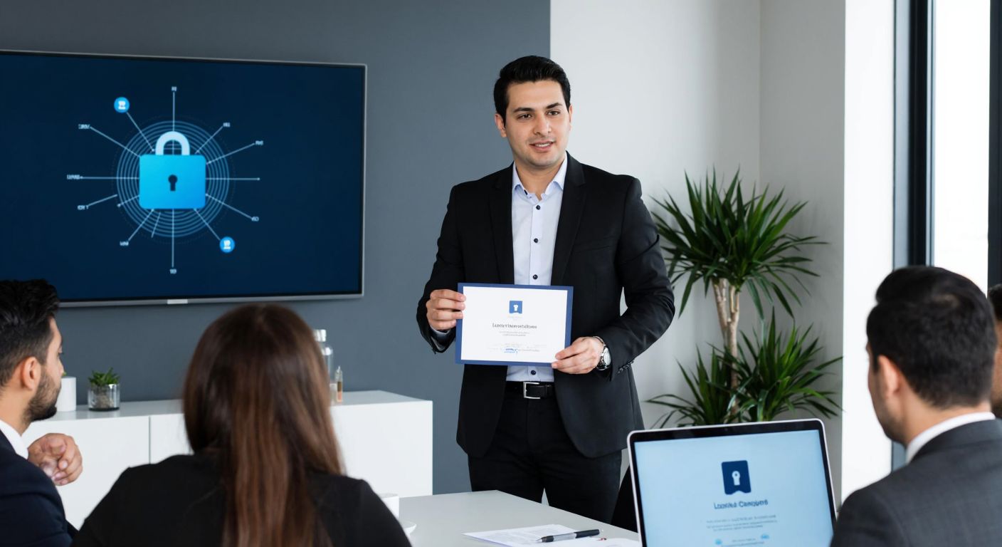 A professional Turkish businessperson in a formal office setting confidently presents a leadership training certificate to a group of attentive colleagues, with a laptop displaying a secure network diagram in the background.