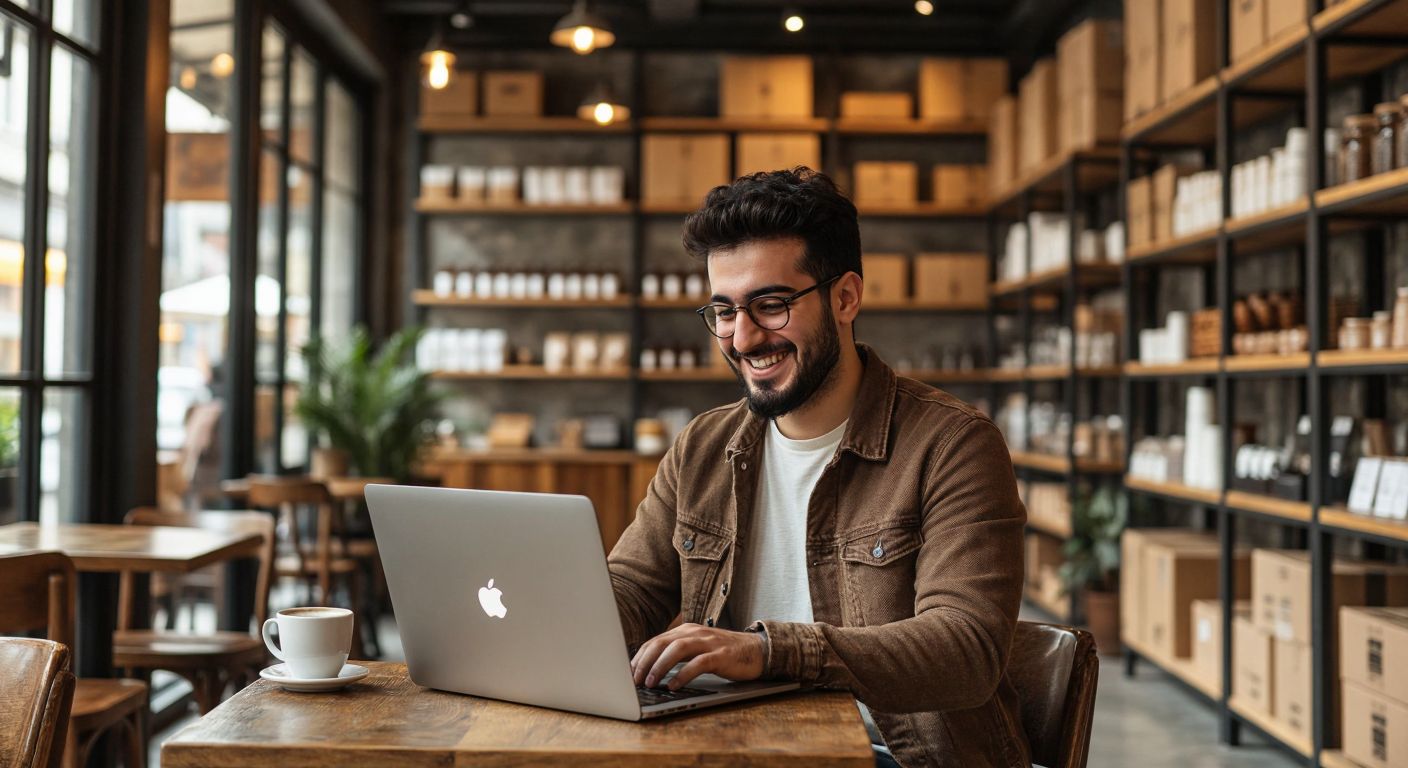 A Turkish entrepreneur smiles while browsing products on a laptop in a cozy café, with an empty warehouse symbolizing no inventory behind them.