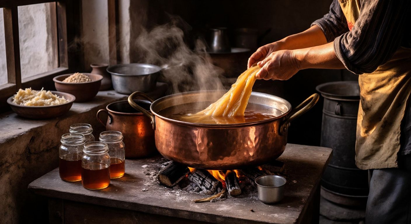 A rustic Turkish kitchen scene with peeled sugar beets boiling in a large copper pot over a wood fire, a wooden *sıkdaç* tool resting nearby, and amber-colored molasses being poured into glass jars by weathered hands.