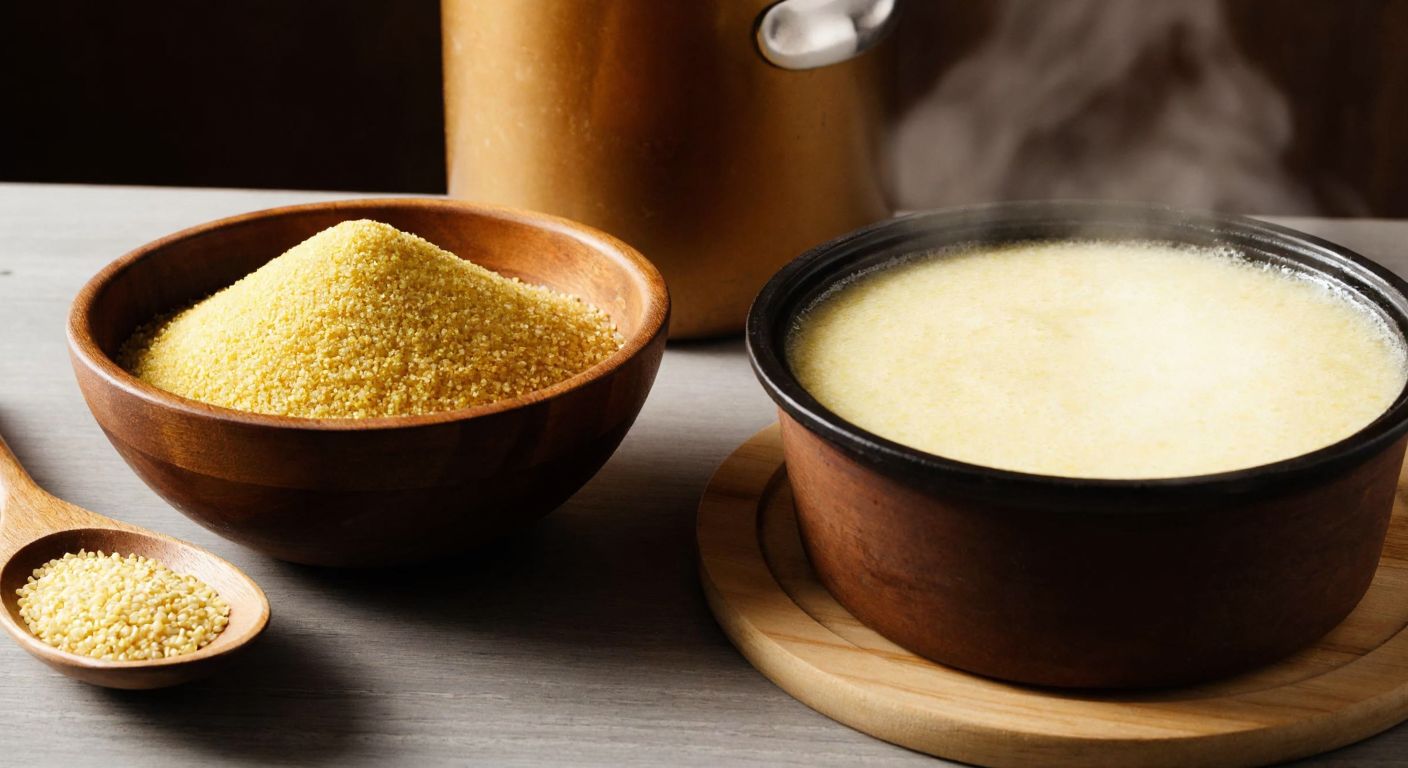 A warm, rustic kitchen scene with a wooden bowl filled with golden darı irmiği (millet semolina) next to a bubbling pot of thick, creamy boza, steam rising gently, and a wooden spoon resting nearby.
