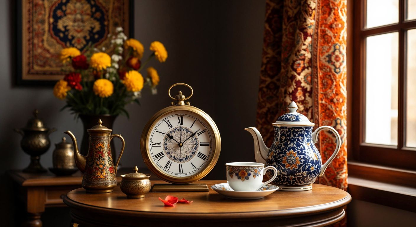 A polished wooden table in a cozy Turkish home displays a sleek round wall clock with golden hands, its symmetrical design complementing the warm, patterned textiles and ceramic tea set nearby.