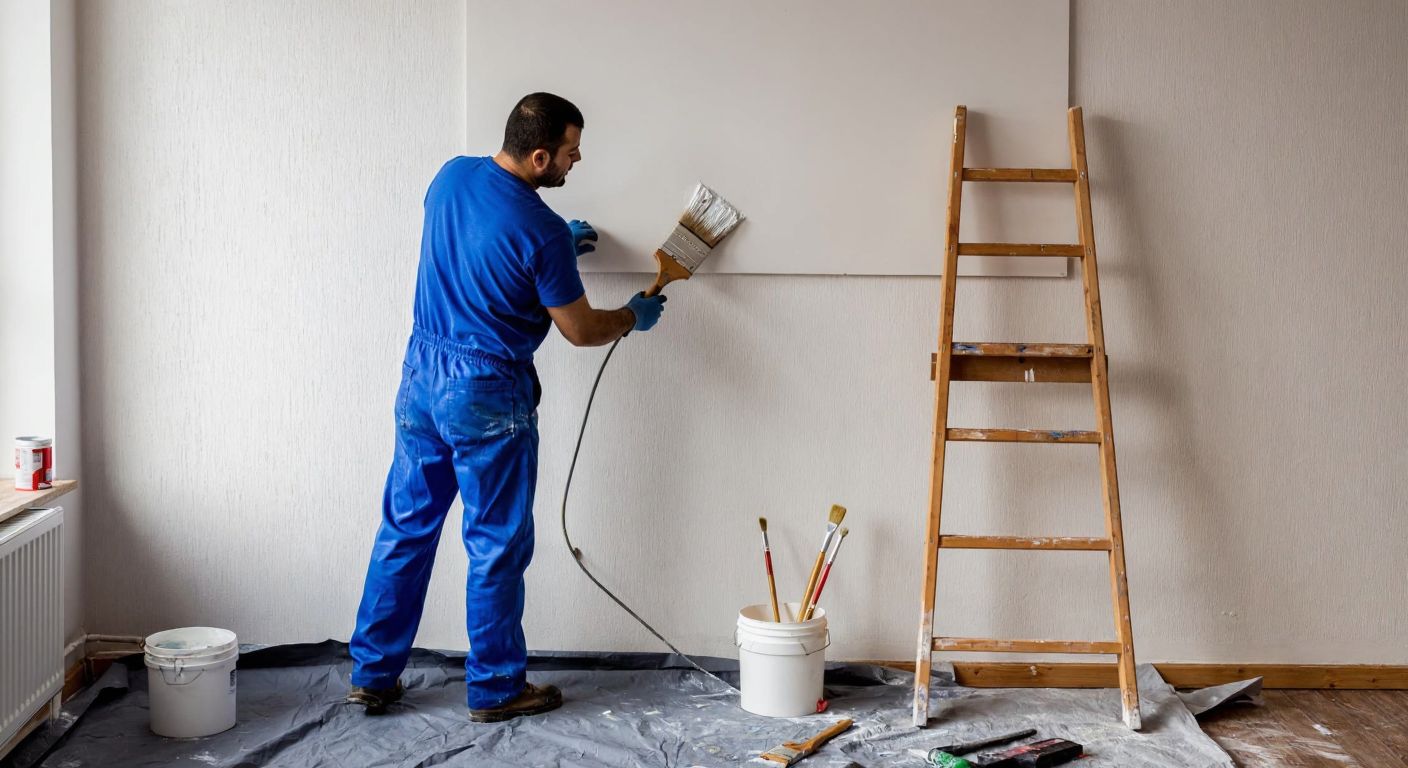 A Turkish painter in a blue overall carefully applies glossy plastic paint to a textured white wall, while a wooden ladder, a bucket of paint, and scattered brushes sit nearby on a tarp-covered floor.