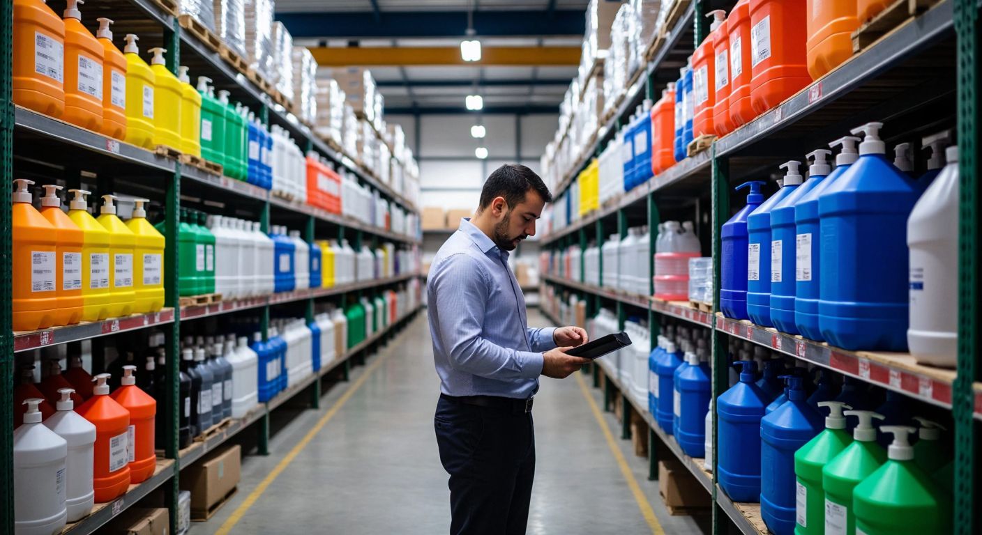 A bustling Turkish industrial warehouse with neatly stacked rows of colorful plastic and glass spray bottles, while a businessman in a crisp shirt examines samples under bright fluorescent lights.