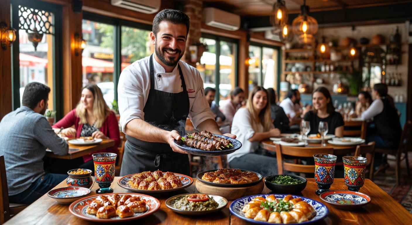 A vibrant Turkish restaurant scene with a smiling chef presenting a steaming plate of kebabs and baklava to delighted tourists seated at a wooden table adorned with colorful ceramic plates and tulip-shaped glasses.