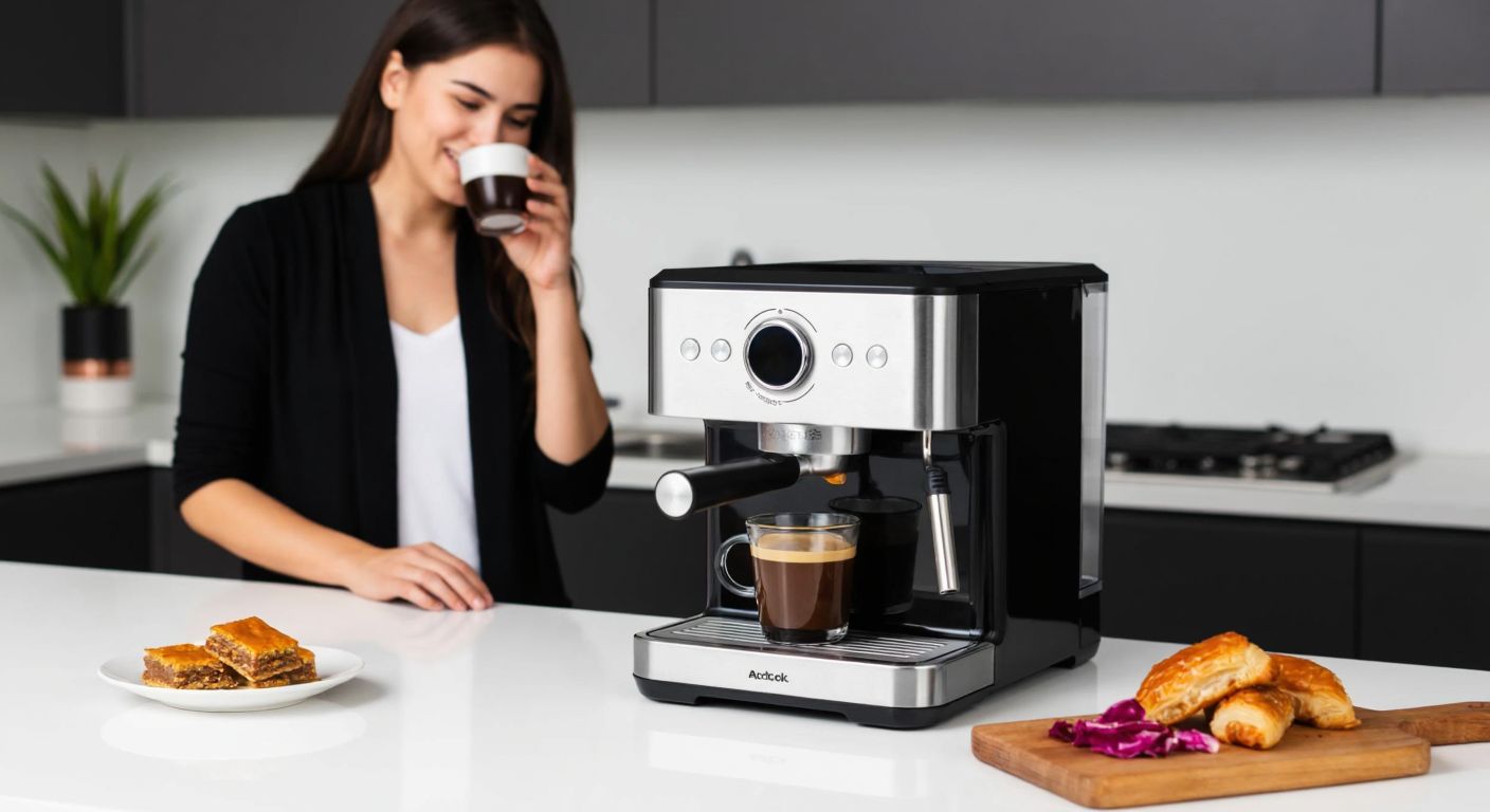 A sleek silver Arçelik Barista EM 9495 espresso machine sits on a Turkish kitchen counter, steaming a rich cup of coffee beside a small plate of baklava, with a satisfied woman in casual homewear smiling as she takes a sip.