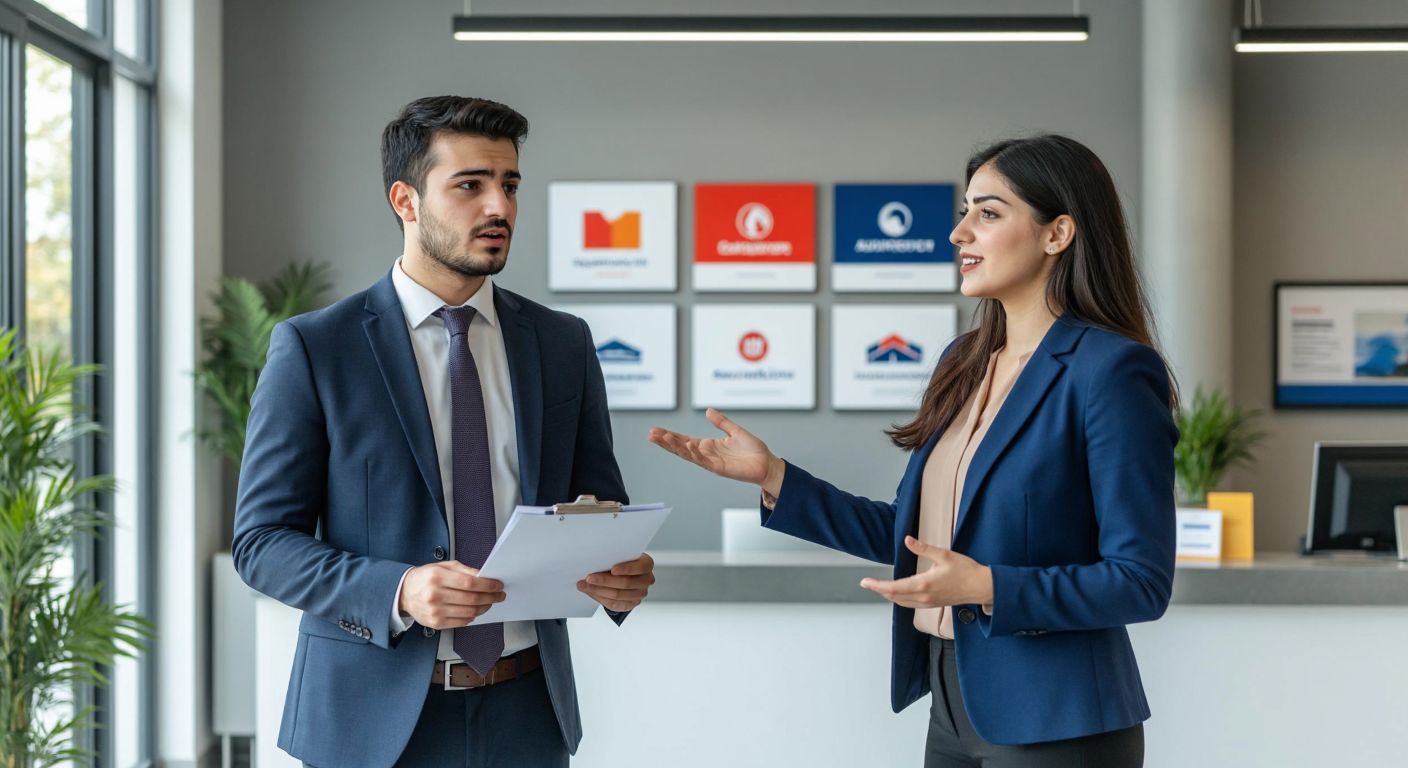 A Turkish man in a business suit stands at a counter in a modern office, looking slightly confused while holding a document, with a friendly insurance agent in a blue blazer gesturing toward a display of company logos on the wall behind them.