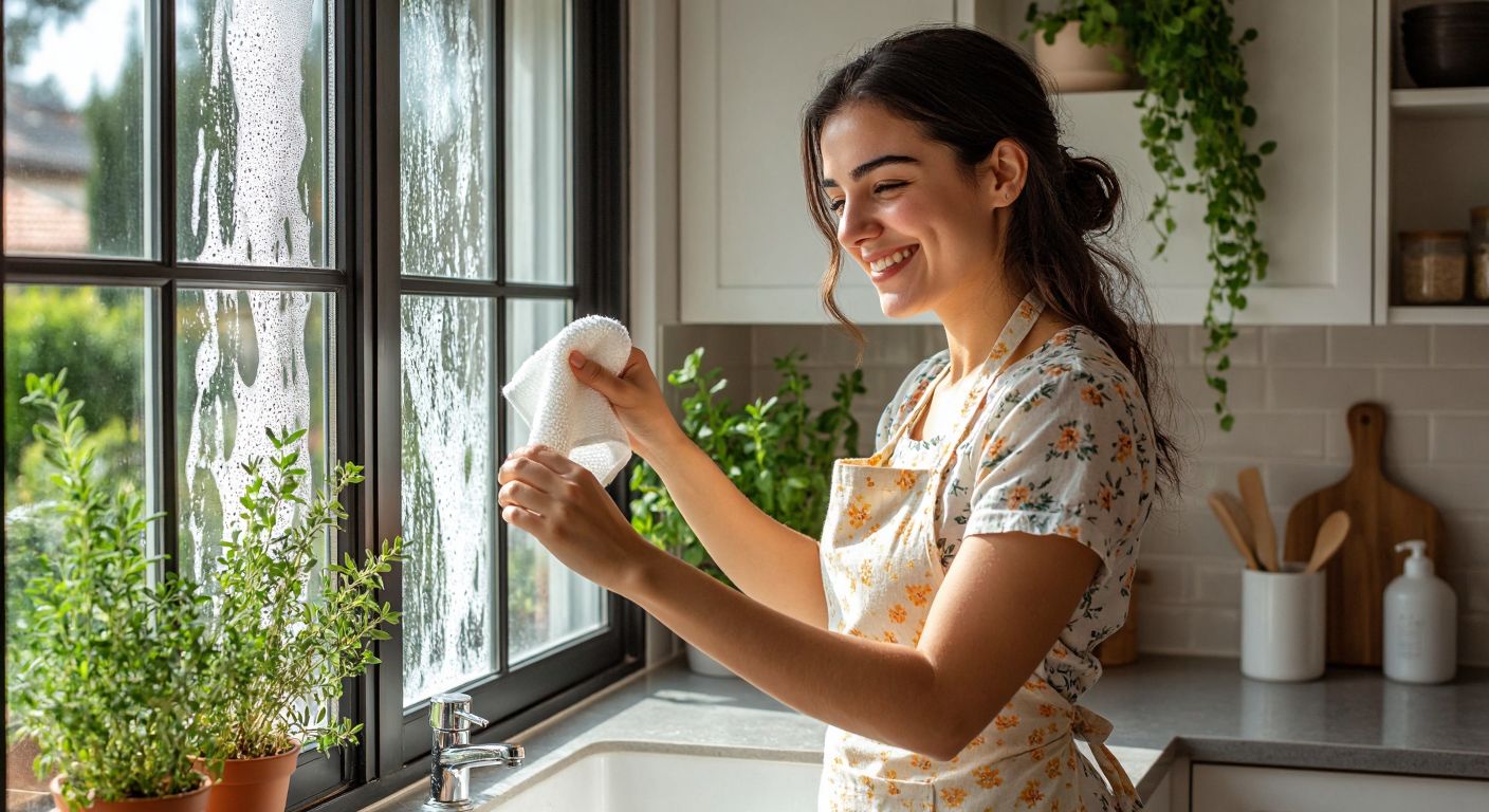 A Turkish woman in a floral apron smiles while scrubbing a sparkling window with a cloth dipped in a foamy mixture of olive-oil soap and baking soda, surrounded by clean kitchen surfaces and potted herbs.