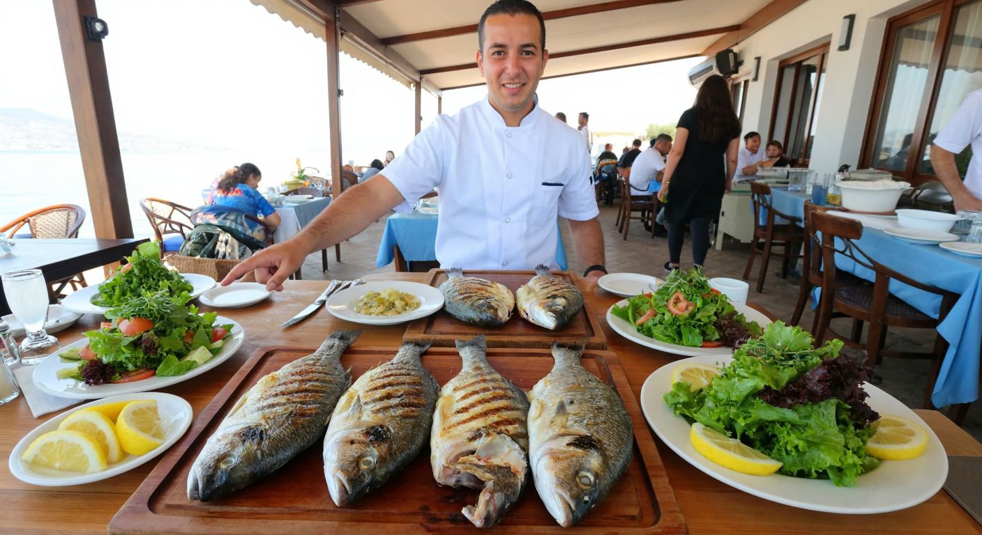 A bustling seaside restaurant in Kurşunlu with a wooden table displaying freshly grilled sea bass, bream, and picarel, surrounded by vibrant green salads and lemon wedges, as a smiling waiter in a crisp white apron gestures toward the dishes.