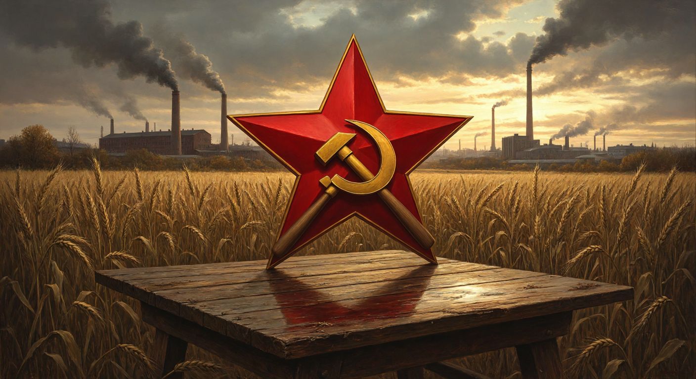 A bold red star glowing above a golden hammer and sickle crossed together, resting on a worn wooden table with a faint reflection, surrounded by wheat stalks and factory smokestacks in the hazy distance.