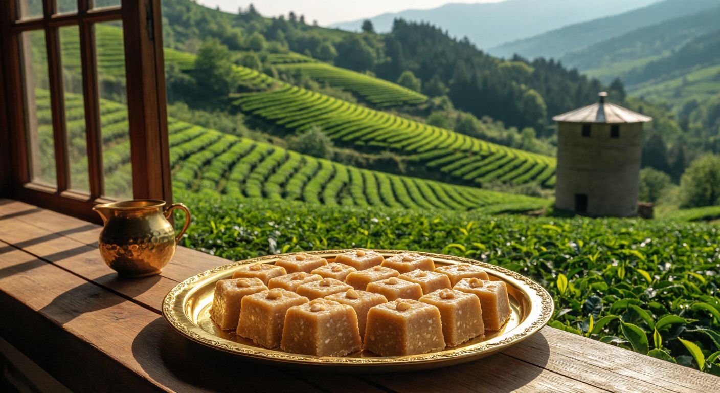 A golden tray of traditional Turkish helva sits on a wooden table in Rize, with lush green tea plantations visible through a sunlit window, while a separate rustic mill grinds flour in Lüleburgaz's countryside.