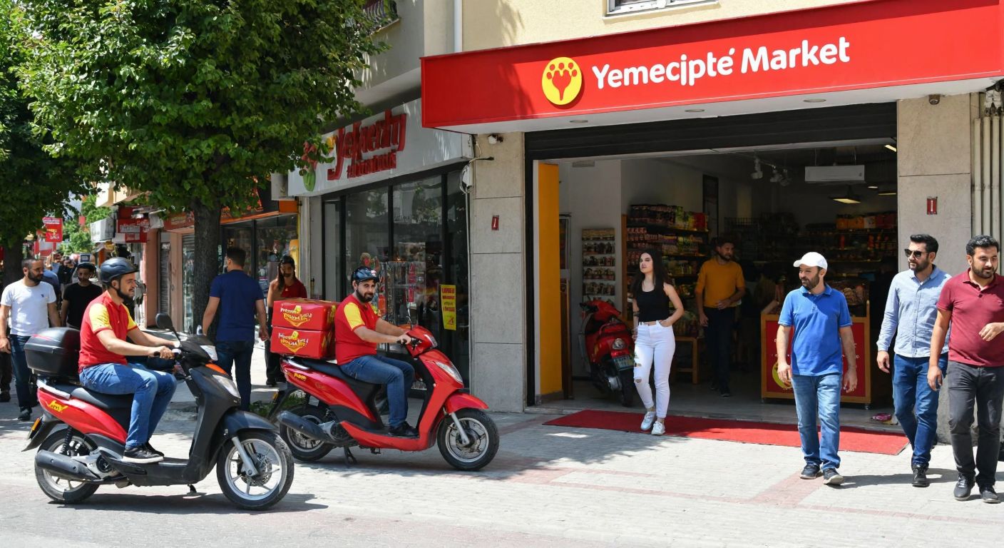 A bustling street in Çorlu with a bright Yemeksepeti Market storefront, where a delivery rider on a scooter carries a bag of groceries, and locals in casual attire walk by, some glancing at the shop with interest.