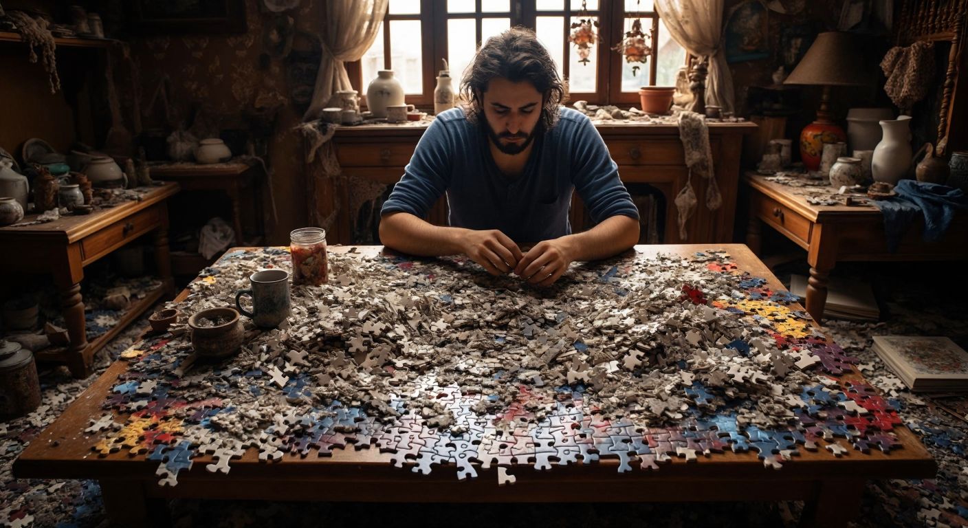 A cluttered wooden table in a cozy Turkish home, covered with hundreds of tiny, irregularly shaped puzzle pieces in muted colors, while a person frowns in concentration, their hands hovering over the chaotic fragments.