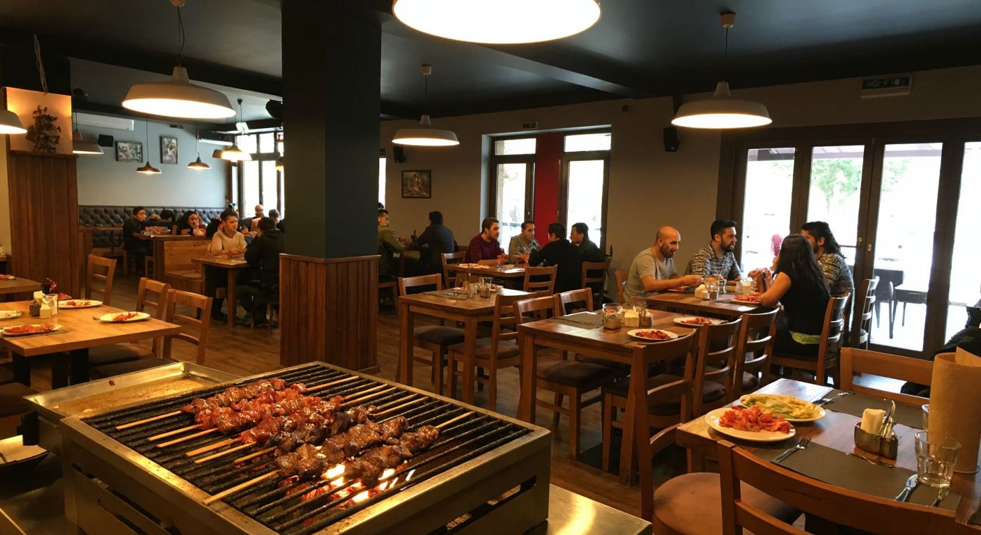 A cozy Turkish grill restaurant with a warm, inviting interior, featuring wooden tables, sizzling skewers of meat on a charcoal grill, and a bustling atmosphere of happy diners enjoying their meals in Lüleburgaz.