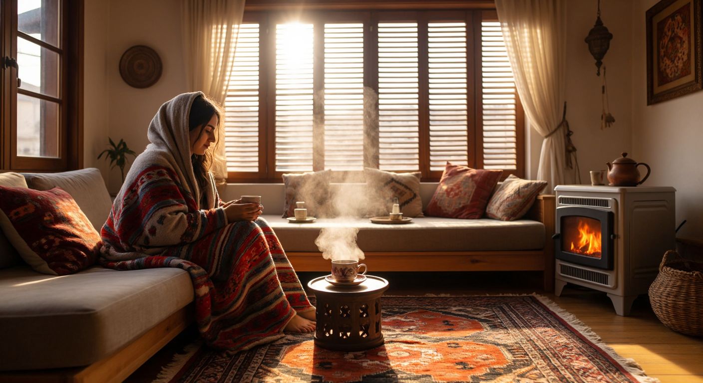 A cozy Turkish living room with thick woven rugs on the floor, a person wrapped in a colorful blanket sipping steaming çay, closed wooden shutters on the windows, and a small electric heating pad placed on the couch.