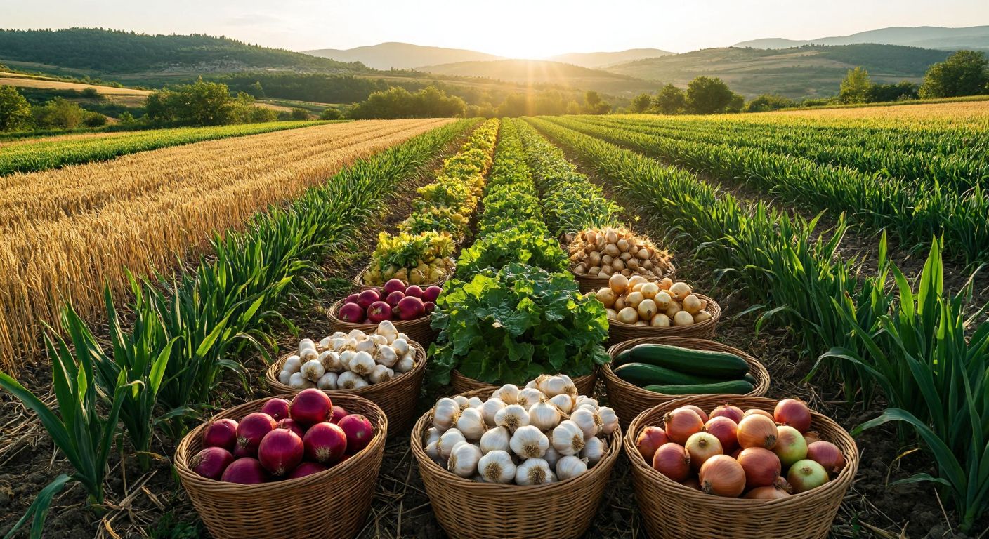 A sunlit field in Taşköprü, Kastamonu, with rows of garlic plants, sugar beets, and golden wheat swaying in the breeze, surrounded by baskets overflowing with fresh produce like apples, cucumbers, and onions.