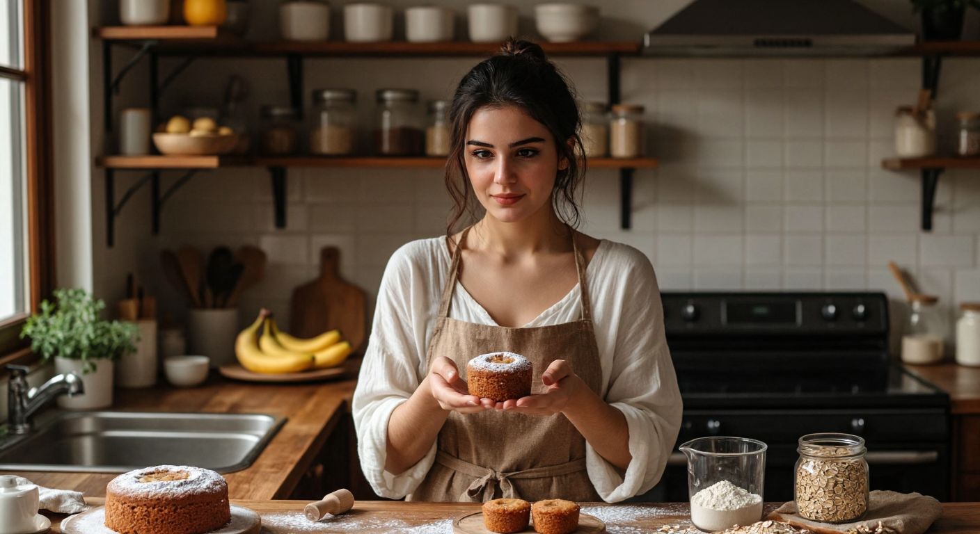 A Turkish woman in a cozy kitchen hesitantly holds a small banana-flavored mini cake while glancing at a measuring cup, surrounded by healthier baking ingredients like whole wheat flour and oats.