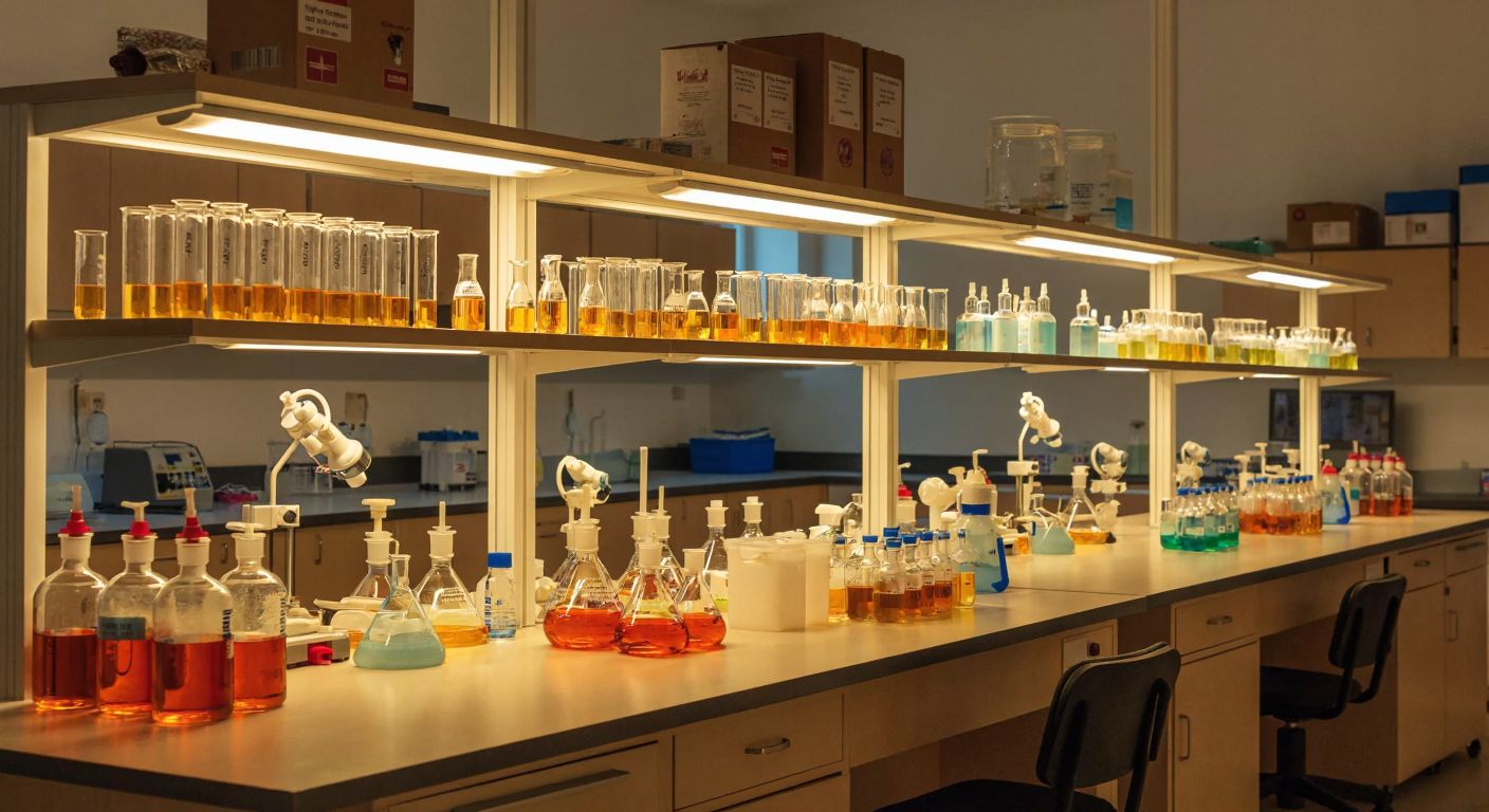 A Turkish chemistry lab with two distinct workstations—one featuring test tubes and beakers for analytical chemistry, the other displaying molecular models of carbon compounds for organic chemistry, under warm lighting.
