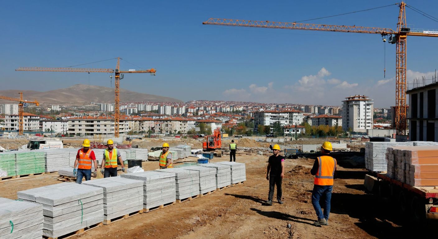 A bustling construction site in Malatya with workers in hard hats, stacks of building materials, and cranes against a backdrop of the city's skyline, conveying progress and financial investment.
