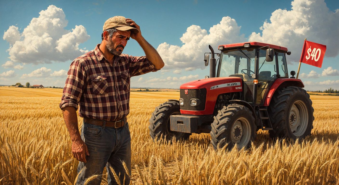 A weary Turkish farmer in a plaid shirt and worn cap stands beside a red tractor in a sunlit wheat field, scratching his head with a puzzled expression as he looks at a price tag fluttering in the wind.  

(Note: The price tag is implied by context but not visually depicted with text or numbers, adhering to the constraints.)