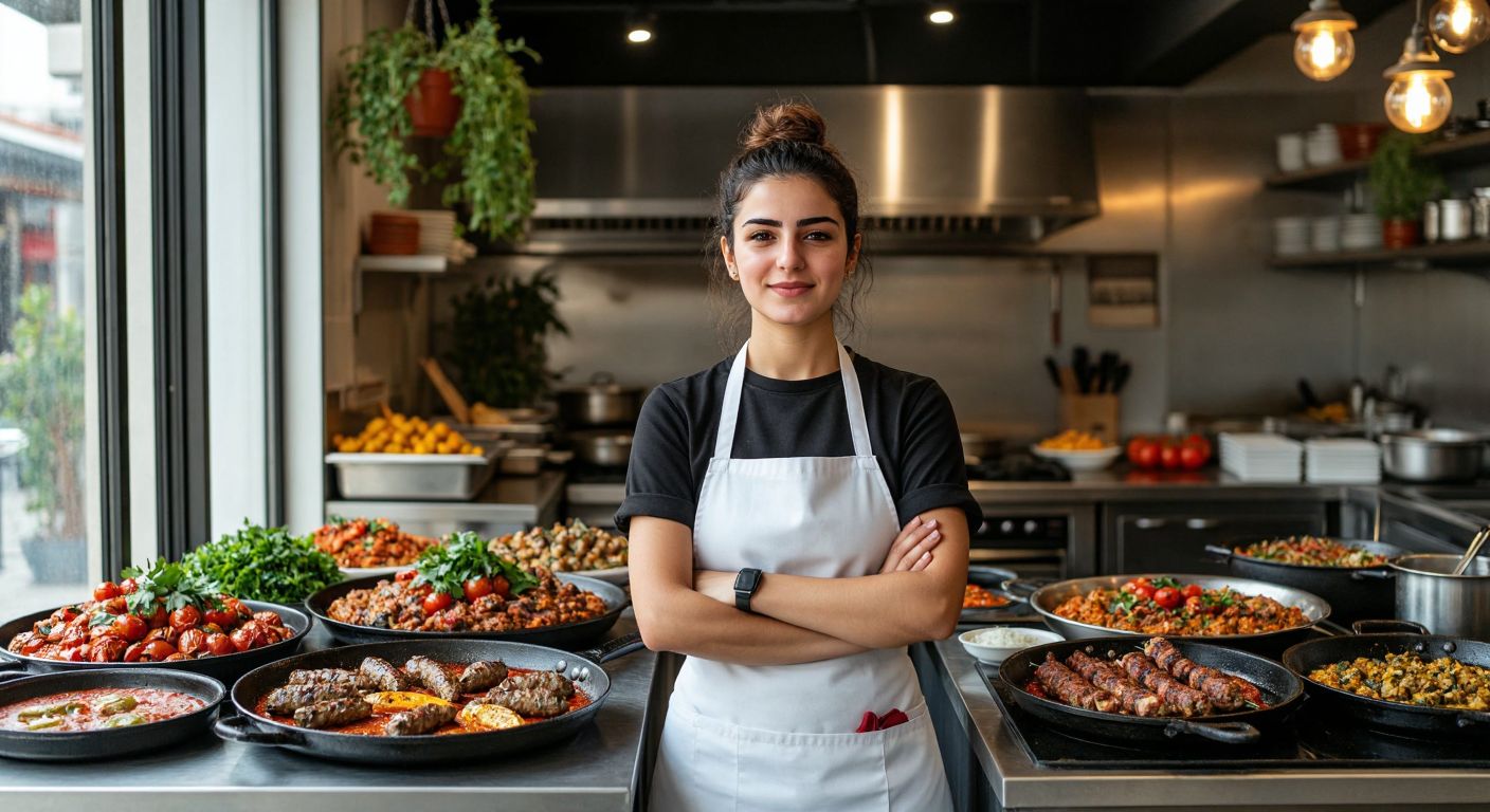 A confident Turkish woman in a chef's apron stands proudly in a modern restaurant kitchen, surrounded by sizzling pans of colorful local dishes like kebabs and mezze platters.