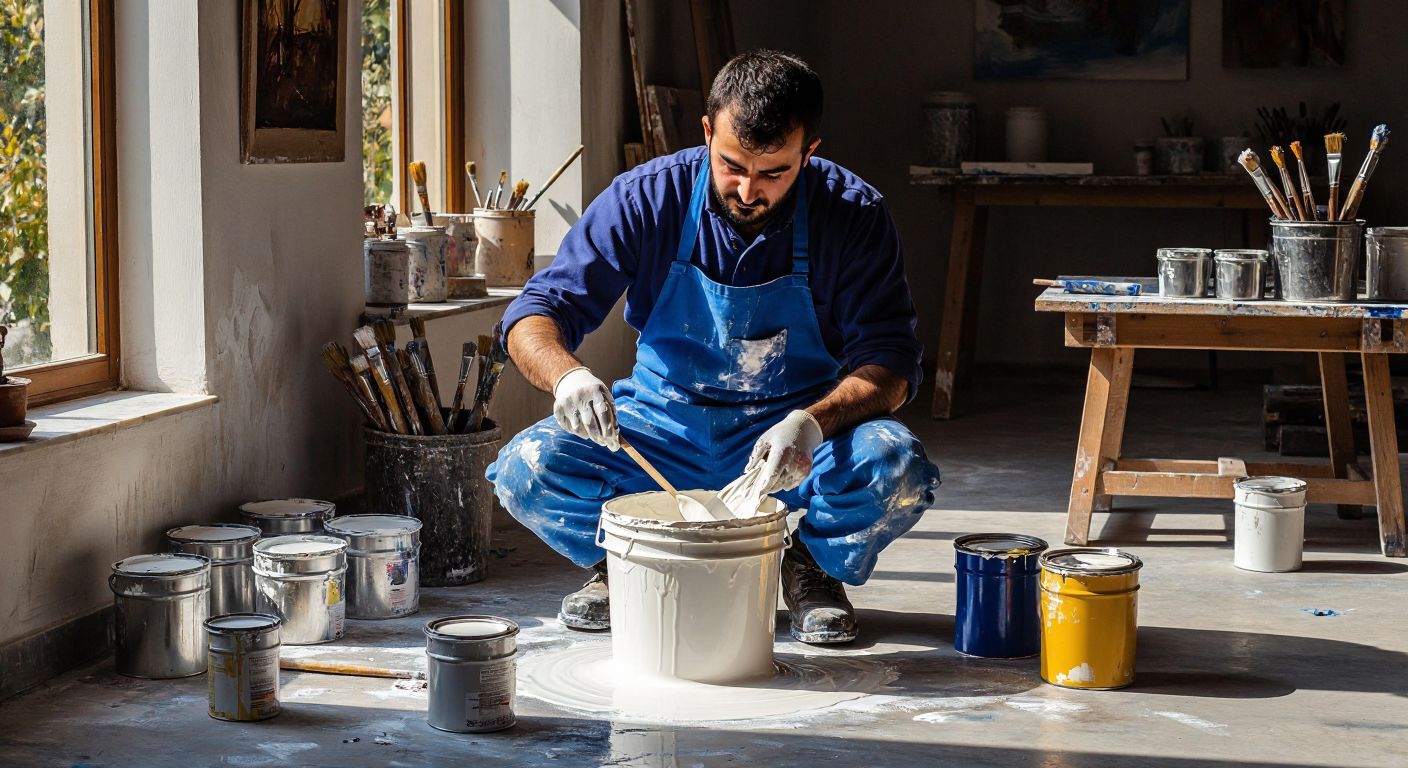 A Turkish painter in a blue work apron carefully mixes white paint into a dark-colored bucket with a wooden stirrer, surrounded by scattered paint cans and brushes in a sunlit workshop.