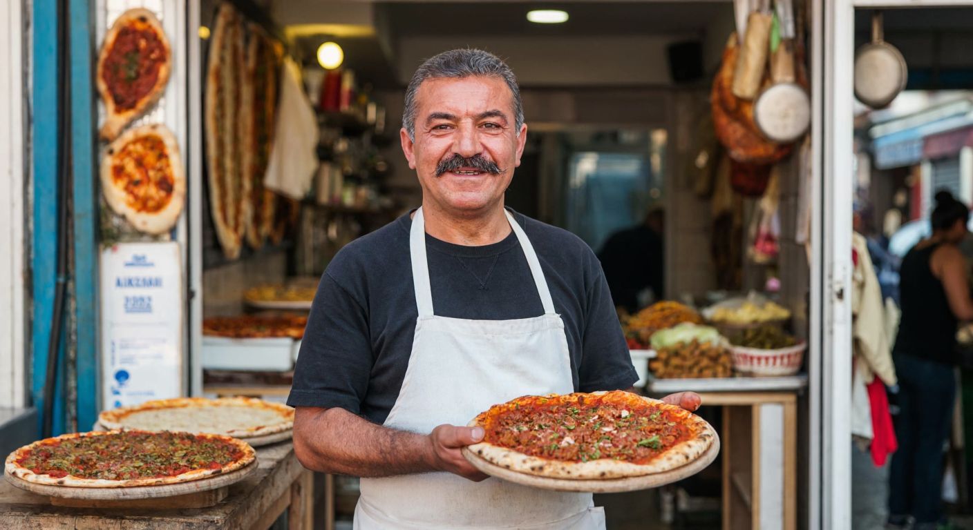 A smiling middle-aged man with a mustache, wearing a white apron, stands proudly in front of a small, bustling lahmacun shop in Turkey, holding a freshly baked lahmacun on a wooden peel.