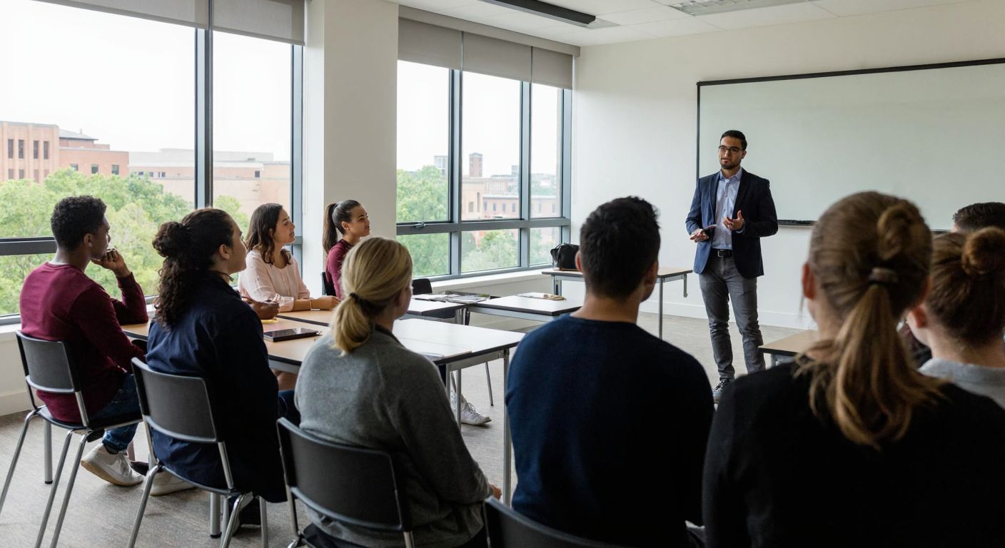 A diverse group of students attentively listening to a professional teacher in a modern, well-lit classroom with large windows overlooking a university campus, reflecting a disciplined yet engaging learning environment.