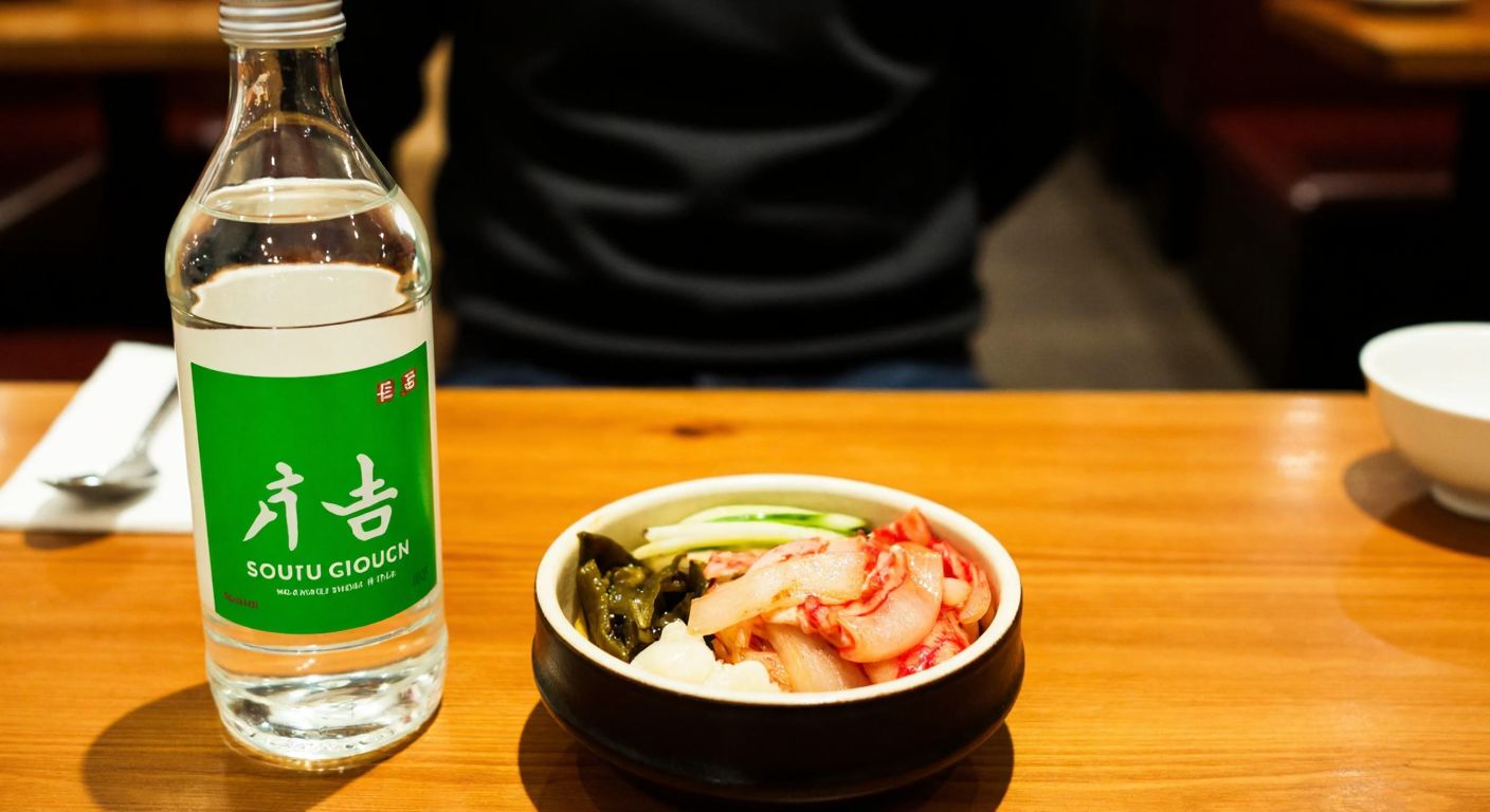 A clear glass bottle of soju with a green label, placed on a wooden table beside a small bowl of Korean side dishes like kimchi and pickled radish, evoking a cozy traditional Korean dining atmosphere.