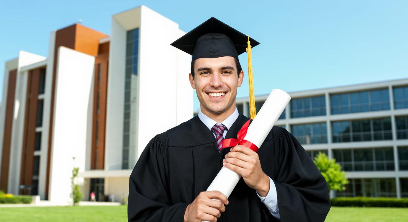 A smiling young graduate in a black cap and gown holds a rolled-up diploma with a red ribbon, standing proudly in front of Sakarya University's modern campus building under a clear blue sky.